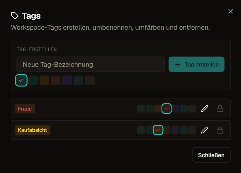 Tag management dialog with tag creation, color choices, existing tags, and edit controls.